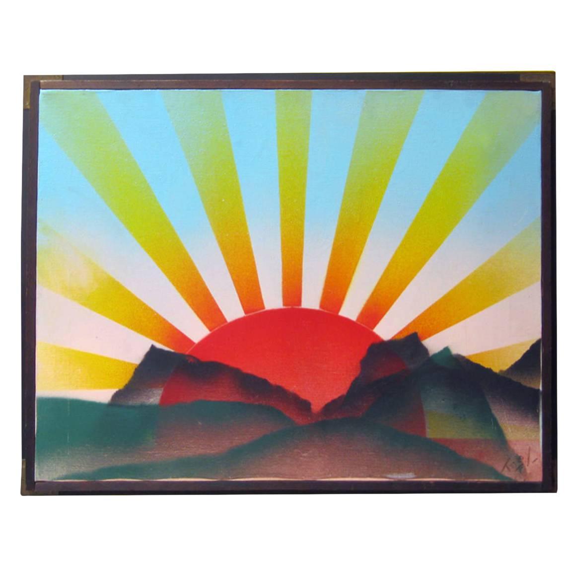 Radiant Red Sun Amid Mountaintops Colorful Minimalist Mid-Century Oil Painting