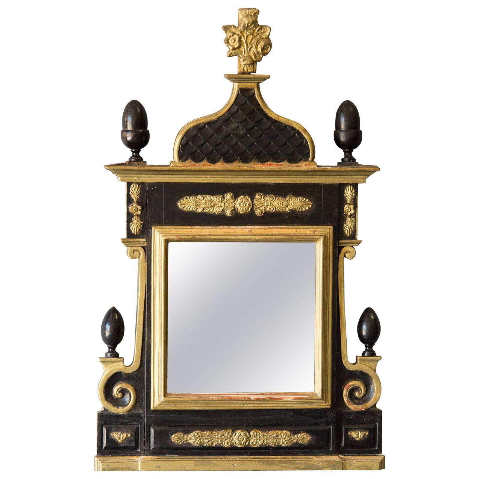 Antique Danish Neoclassical Gilded and Painted Mirror, circa 1860 For Sale