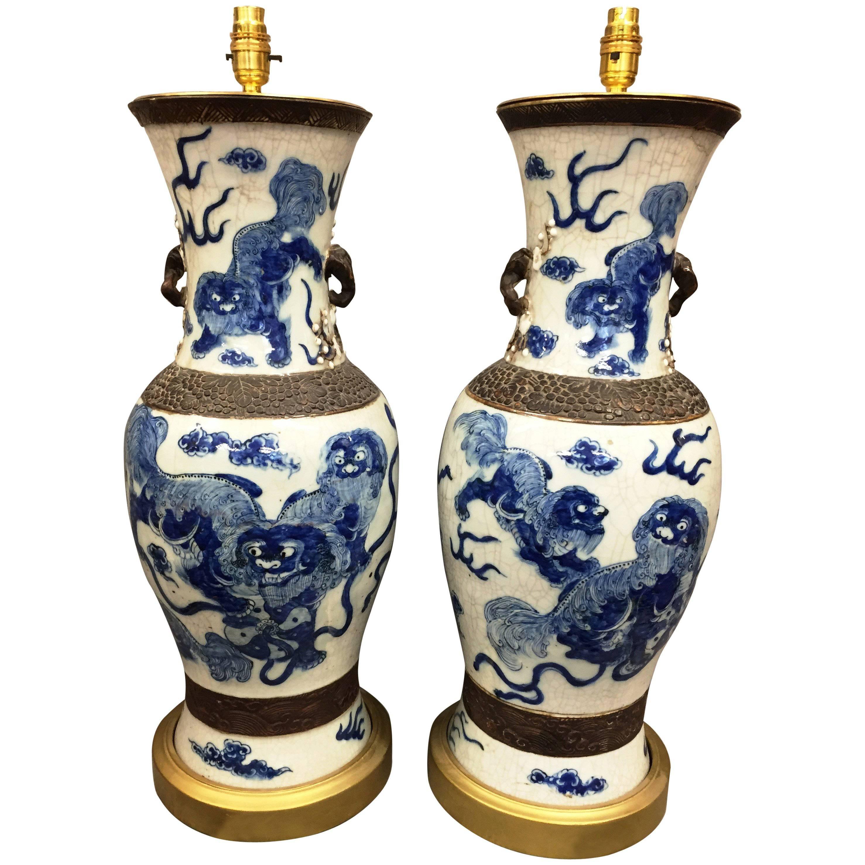 Pair late C19th, Chinese Blue and White Vases Turned Lamps