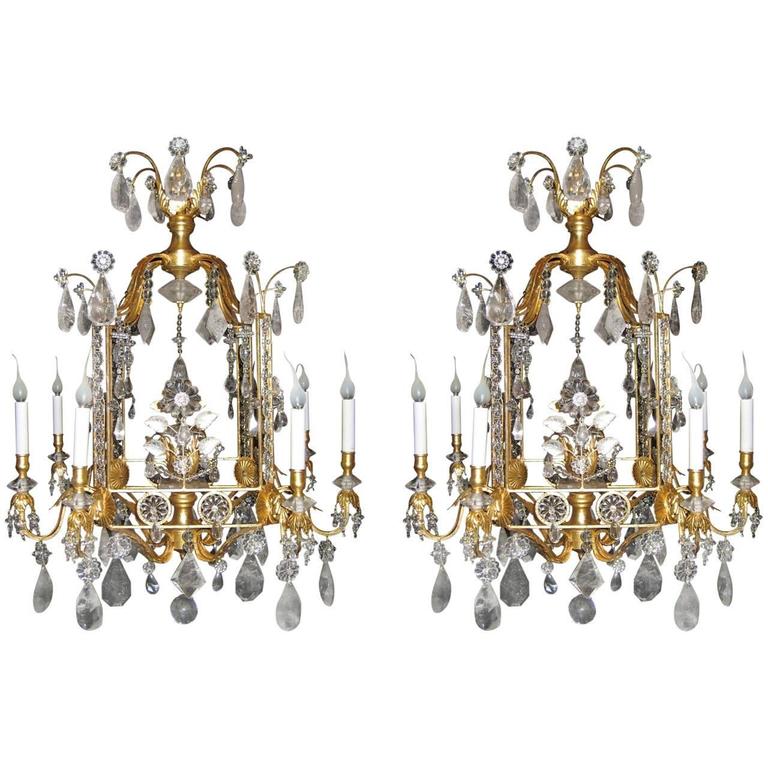 A Pair of Fine Louis XVI Style Gilt and Cut Rock Crystal Bagues Style Chandelier