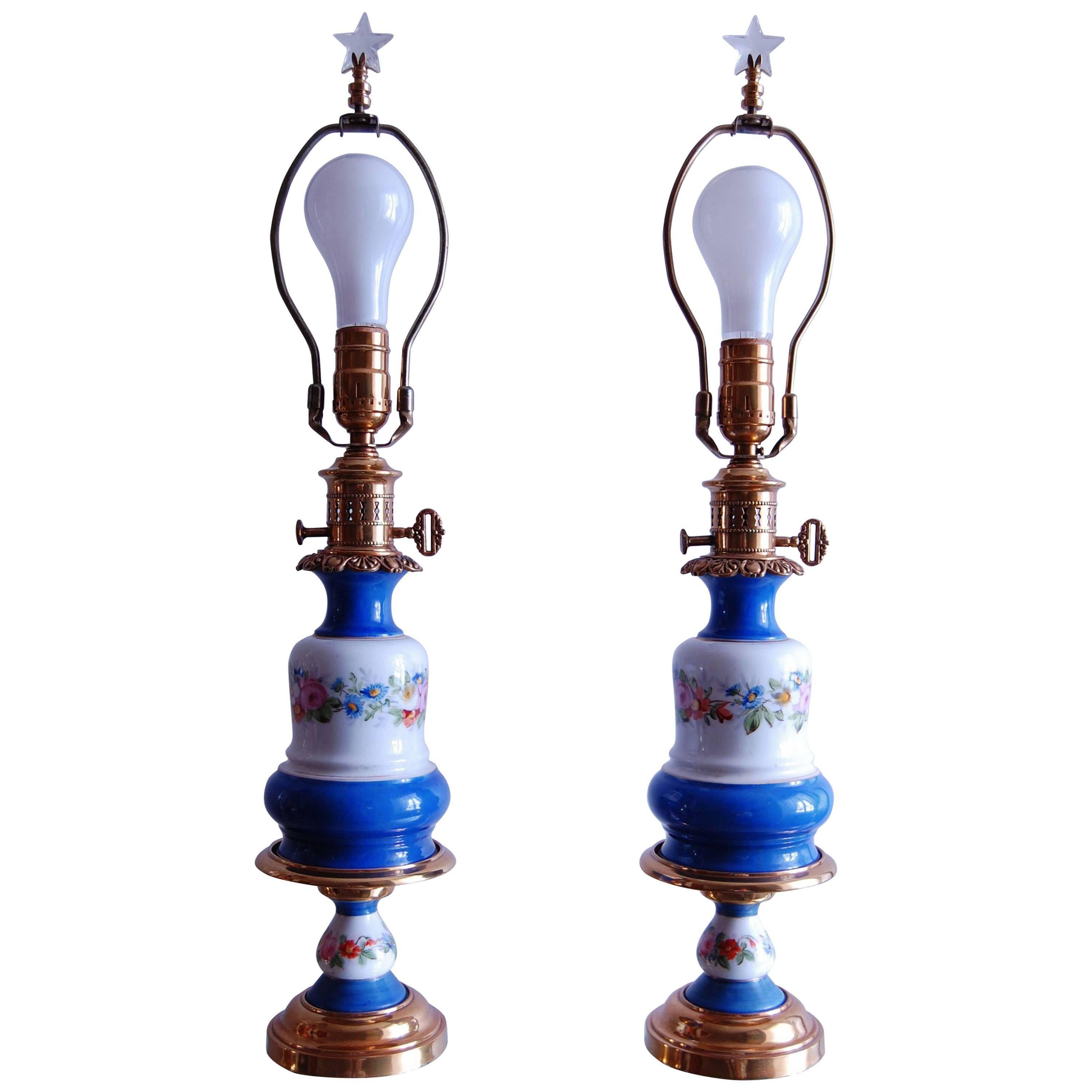 Pair of Floral Decorated French Porcelain Oil Lamps, Likely Sevres, circa 1850 For Sale