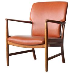Jacob Kjær Rare Vintage Danish Modern Cherry Wood Leather Easy Chair