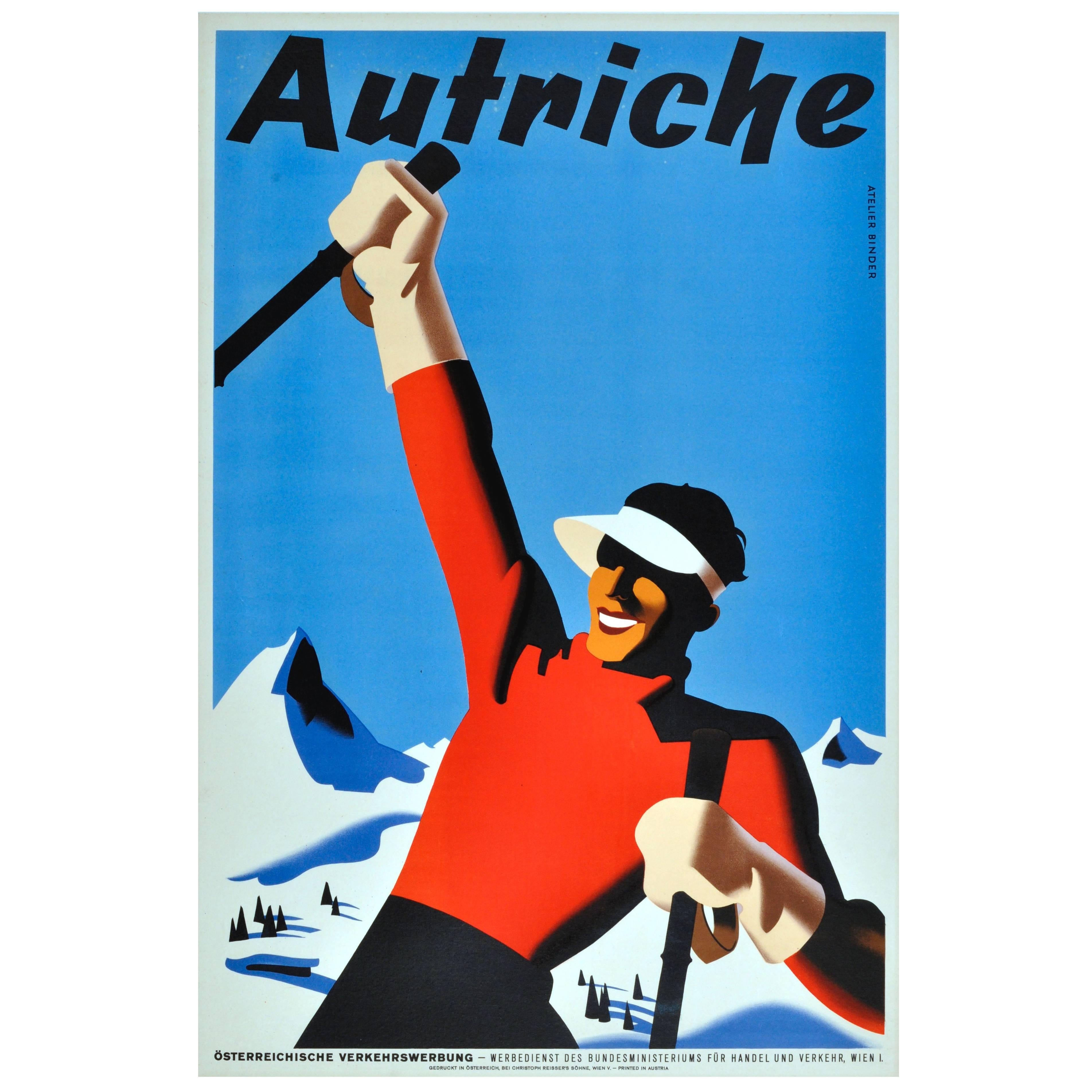 Original Vintage Winter Sport Skiing Poster For Autriche Austria Skier Mountains