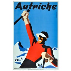 Affiche vintage originale de sport d'hiver de ski pour les montagnes de ski d'Autriche, Autriche