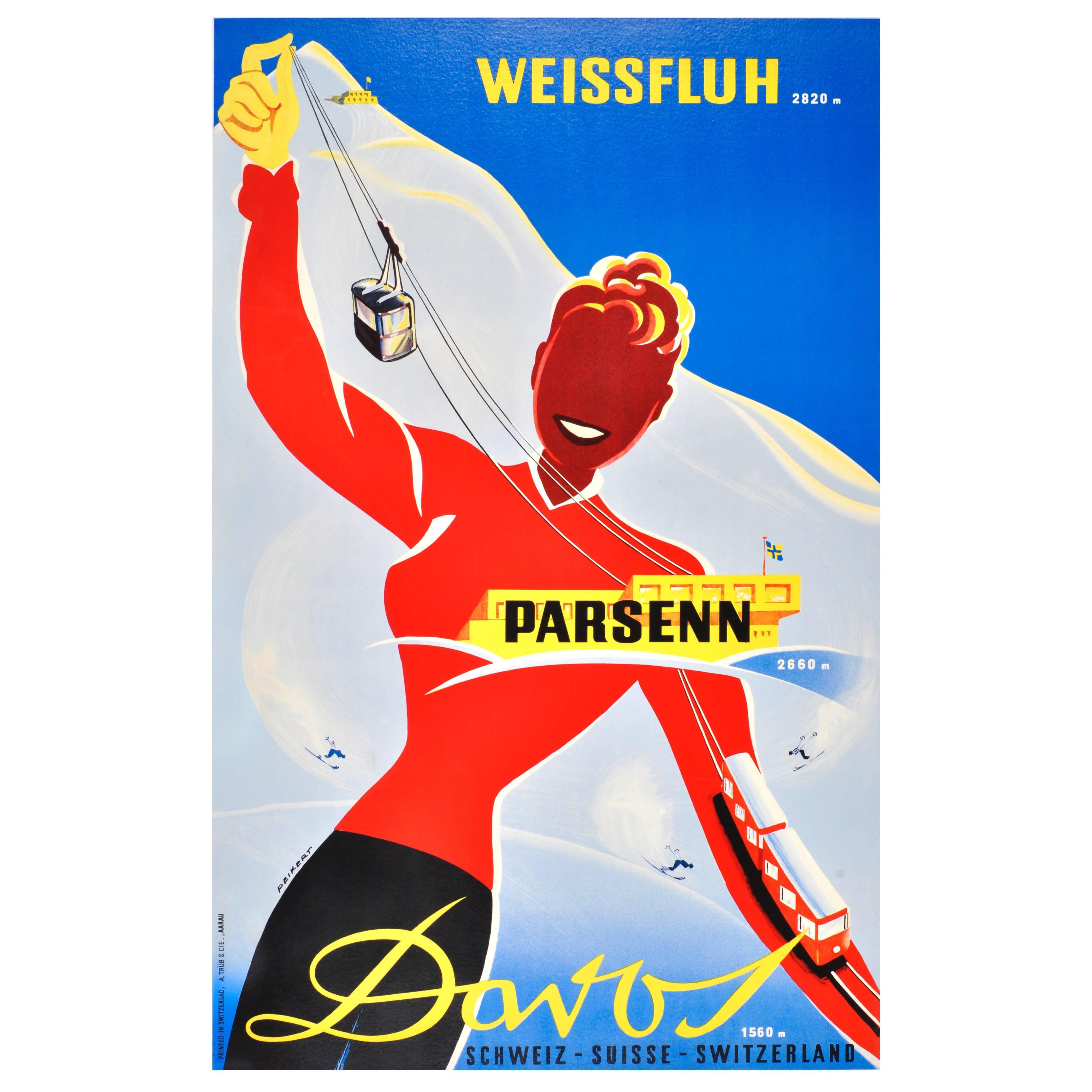 Original Vintage 1938 Ski Resort Poster by Martin Peikert for Davos Switzerland