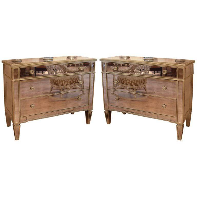 Pair of 1940s Style Mirrored Silver Leaf Commodes