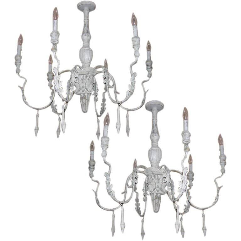 Pair of Italian Style Carved Wood and Tole Chandeliers For Sale