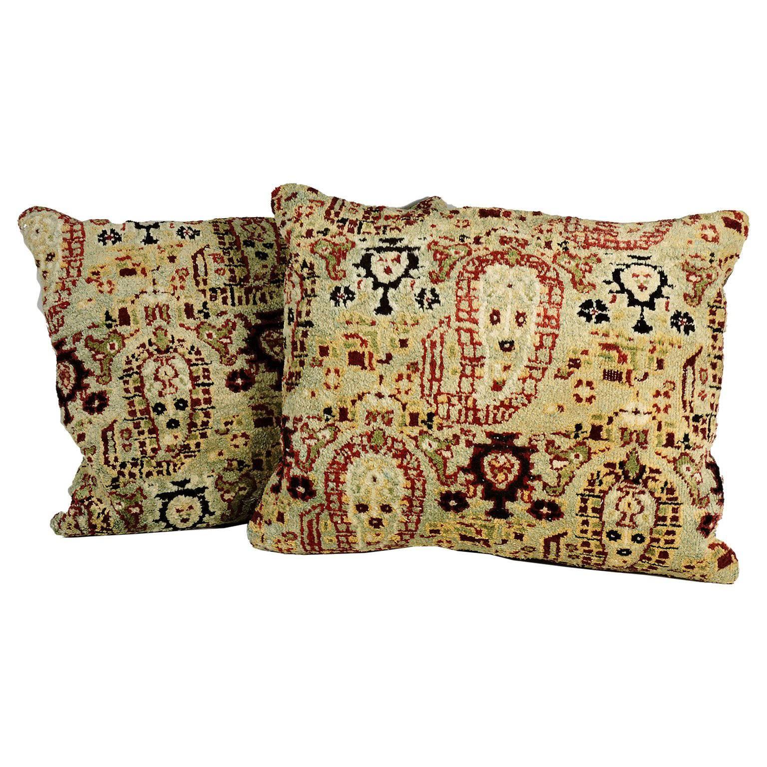 Large Pair of Agra Carpet Fragment Pillows For Sale