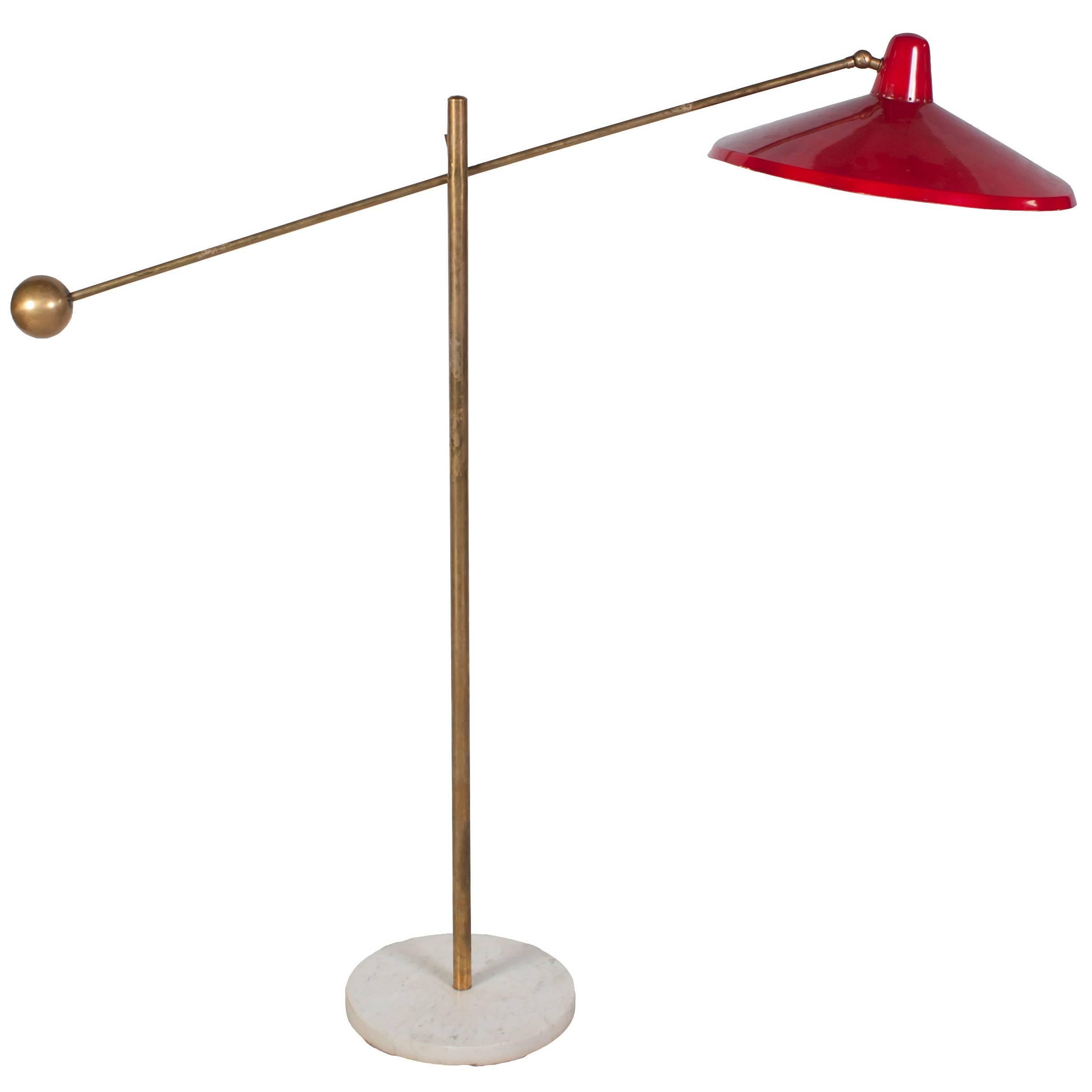 An Italian Adjustable Height Floor Lamp with a Red Tole Shade and Marble Base For Sale