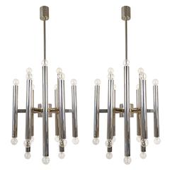 Pair of Mid-Century Modern Italian Chrome Chandeliers, circa 1960