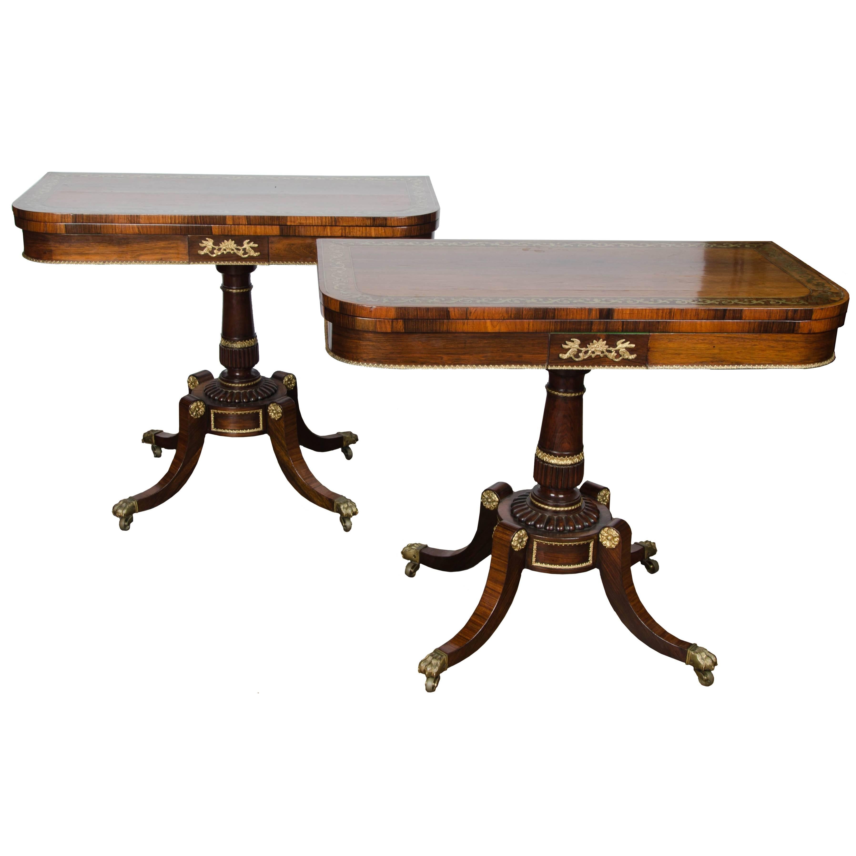 Pair of Regency Rosewood Brass Inlaid Card Tables