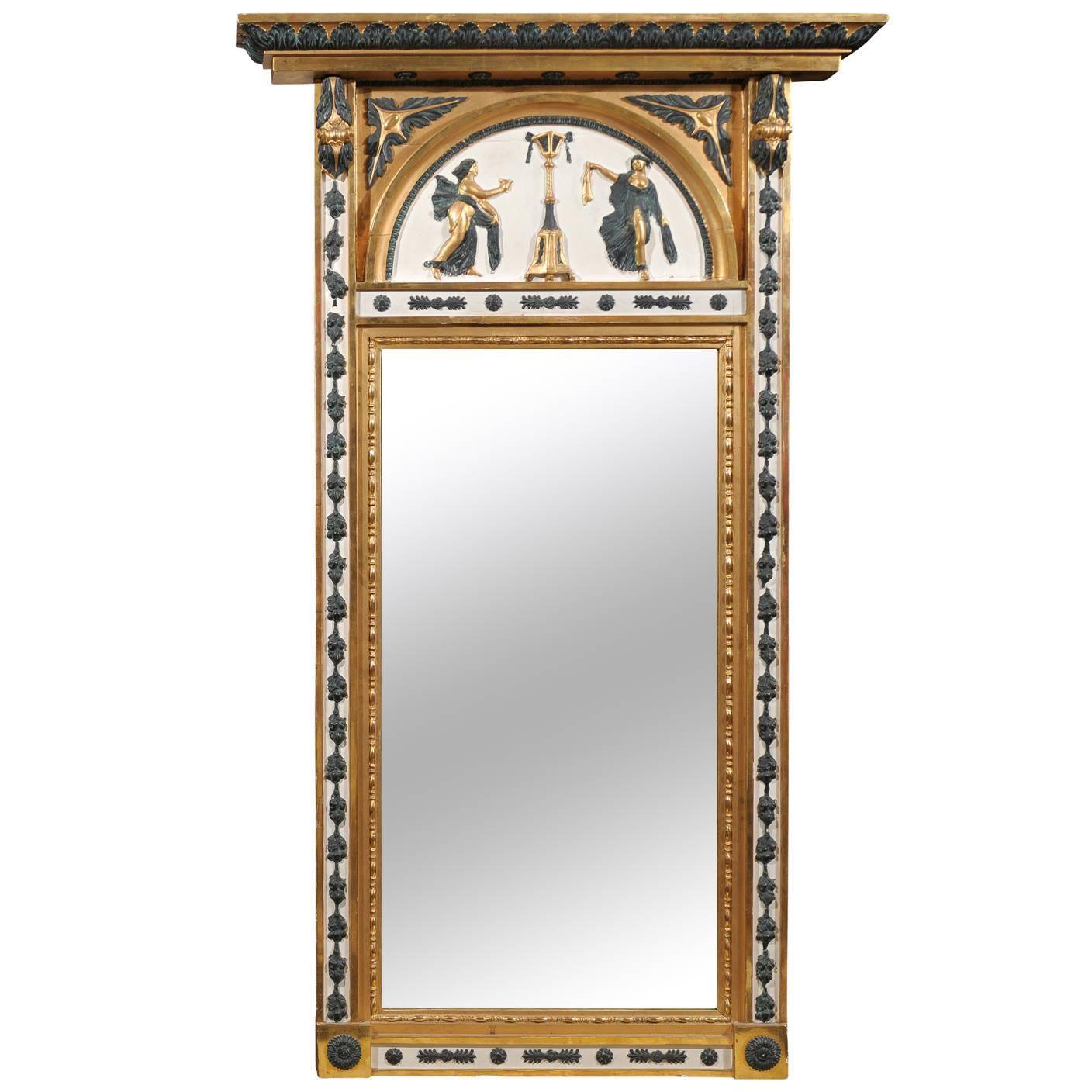 Swedish Neoclassical Giltwood and Green Painted Mirror, circa 1820 For Sale