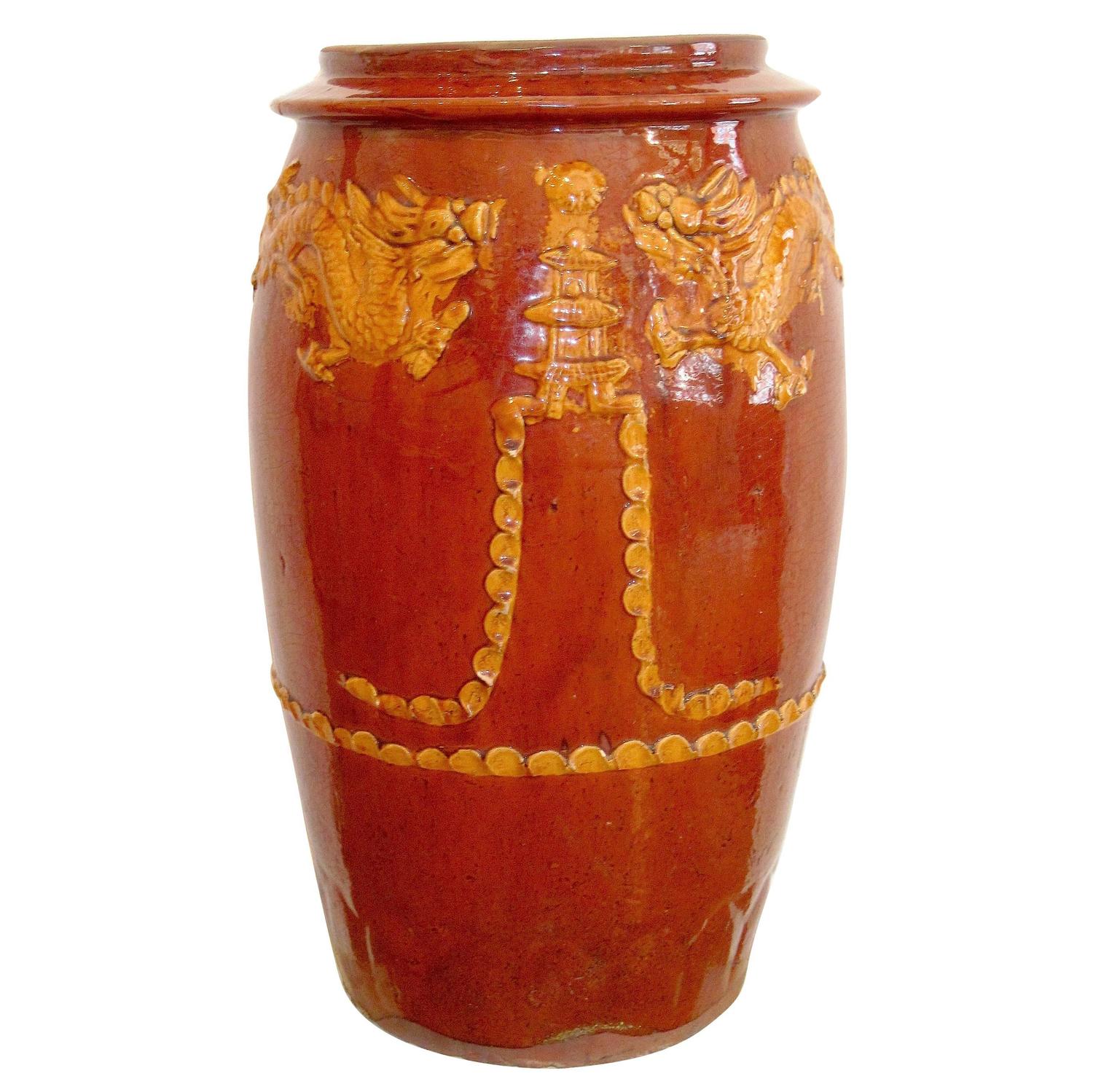 Outstanding Vintage Korean Terracotta Kimchi Storage Jar or Umbrella