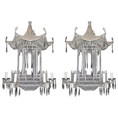 Pair of Italian Chinoiserie Pagoda Form Beaded Glass and Crystal Chandeliers