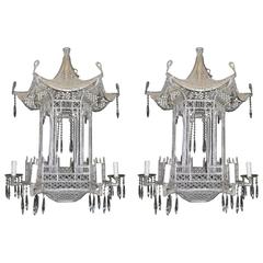 Pair of Italian Chinoiserie Pagoda Form Beaded Glass and Crystal Chandeliers