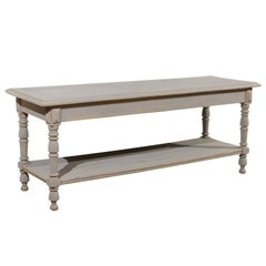 Antique French 1890s Grey Painted Drapers Table with Lower Shelf and Baluster Legs
