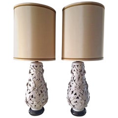 Pair of Monumental Glazed Terra Cotta Floral Lamps