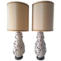 Pair of Monumental Glazed Terra Cotta Floral Lamps 12