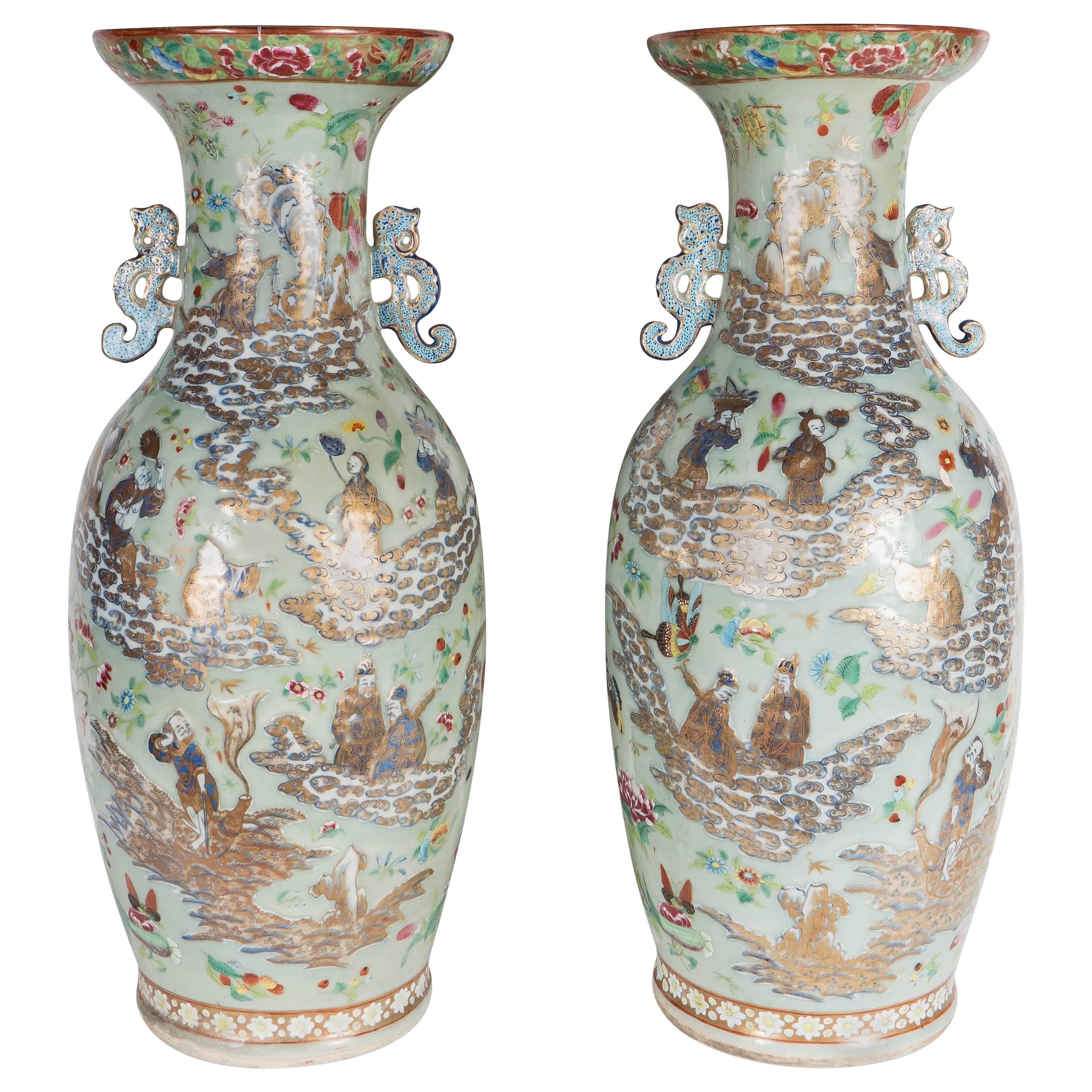 Exquisite Pair of Canton Famille Rose Celadon-Ground Baluster Floor Vases
