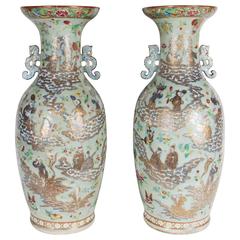 Antique Exquisite Pair of Canton Famille Rose Celadon-Ground Baluster Floor Vases