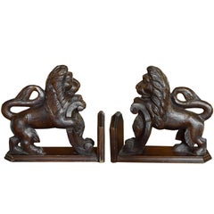 Antique Pair of Carved Wood Lions