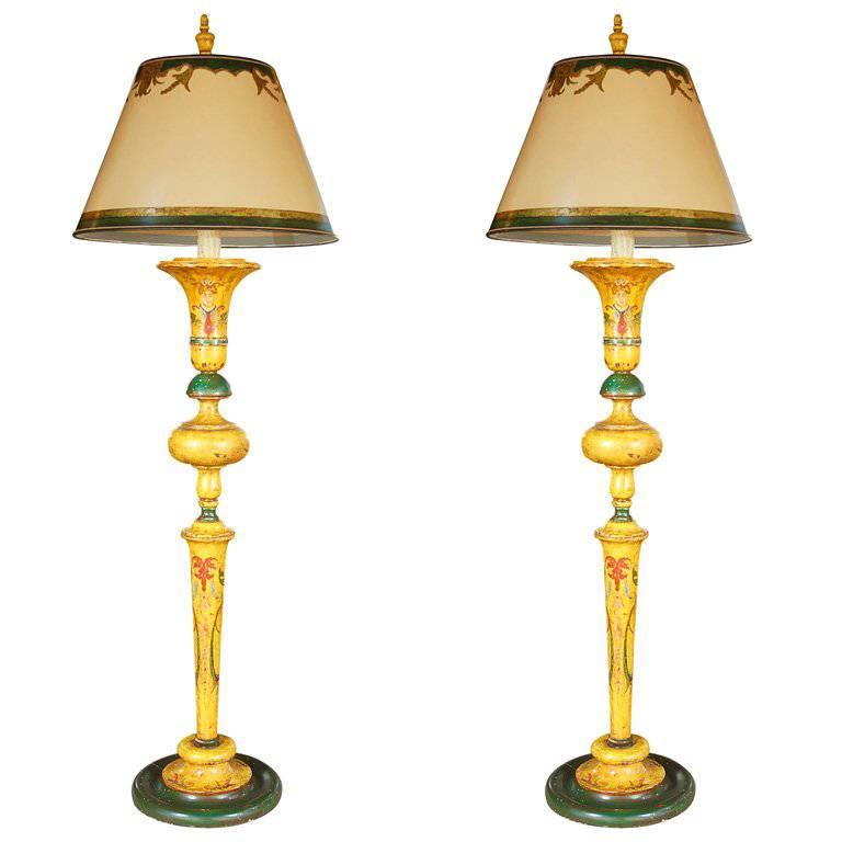Italian Hand Painted Standing Lamps with Custom Parchment Shades For Sale