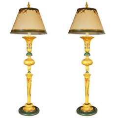 Vintage Italian Hand Painted Standing Lamps with Custom Parchment Shades