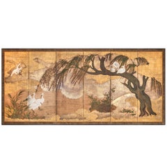 Japanese Six-Panel Screen "Willow, Herons and Water Landscape"