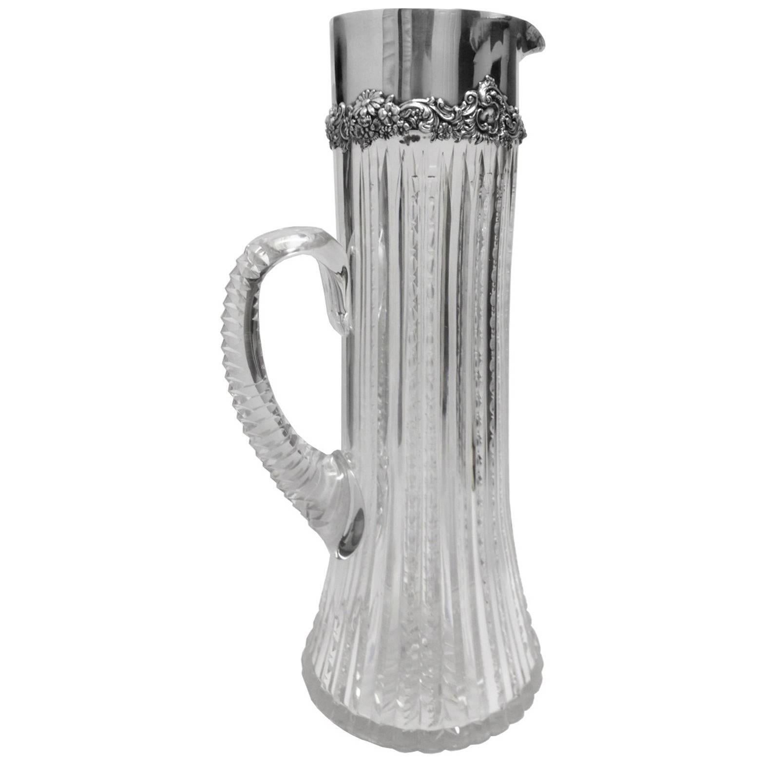 American Brilliant Period Sterling Collar Pitcher Large, circa 1900 For Sale