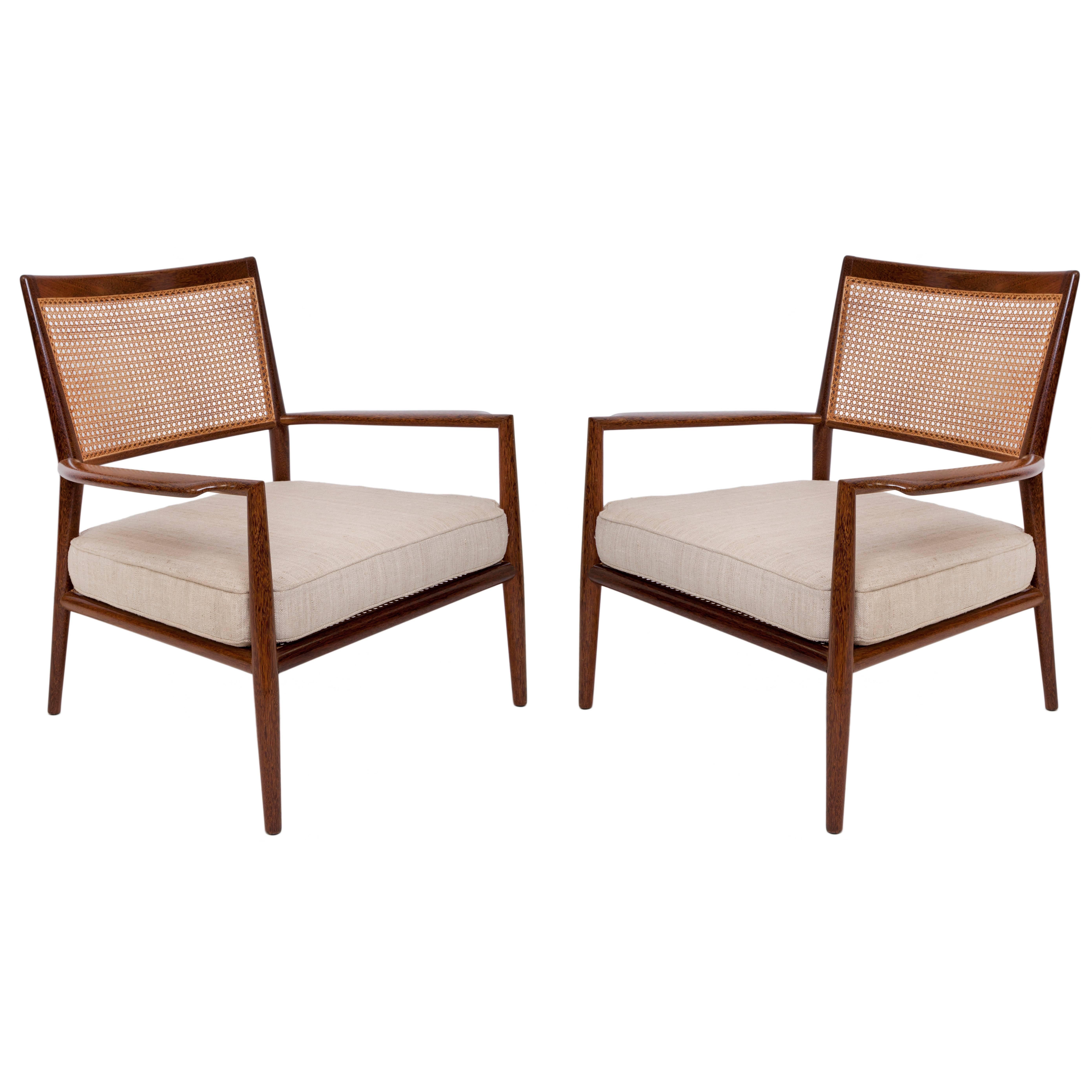 Pair of Carlos Milan Cane Seat & Back Armchairs in Sucupira with Beige Cushions