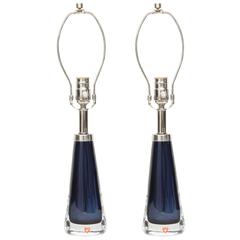 Pair of Dark Sapphire Blue Lamps by Nils Landberg, Orrefors