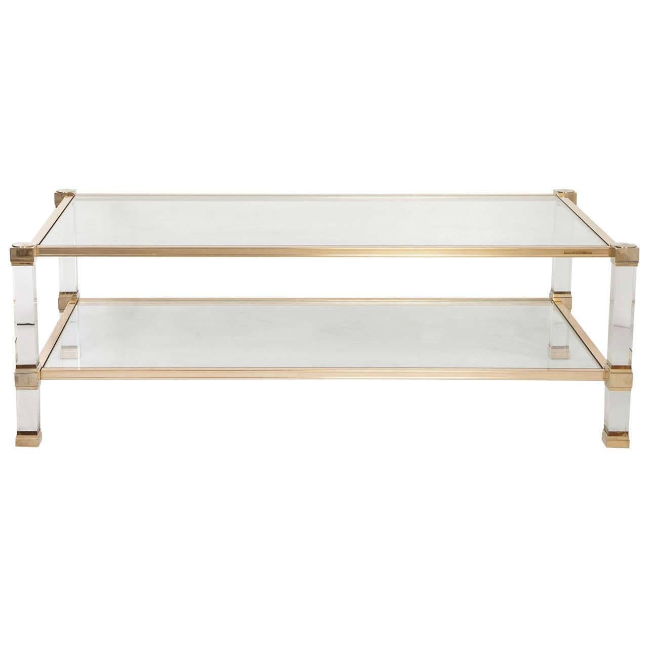Pierre Vandel Signed Lucite and Brass Coffee Table