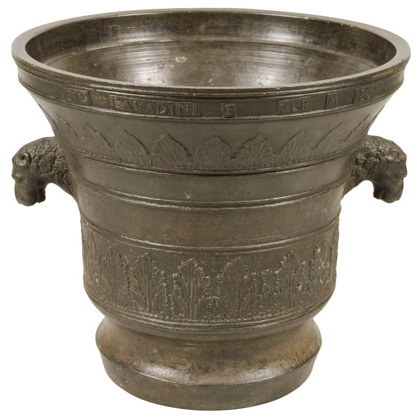 Very Large 19th Century Bronze Mortar with Lion Shaped Knop Handles For Sale