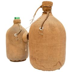 Set of Two Large 1880s Burlap and Horsehair-Wrapped Glass Demijohns