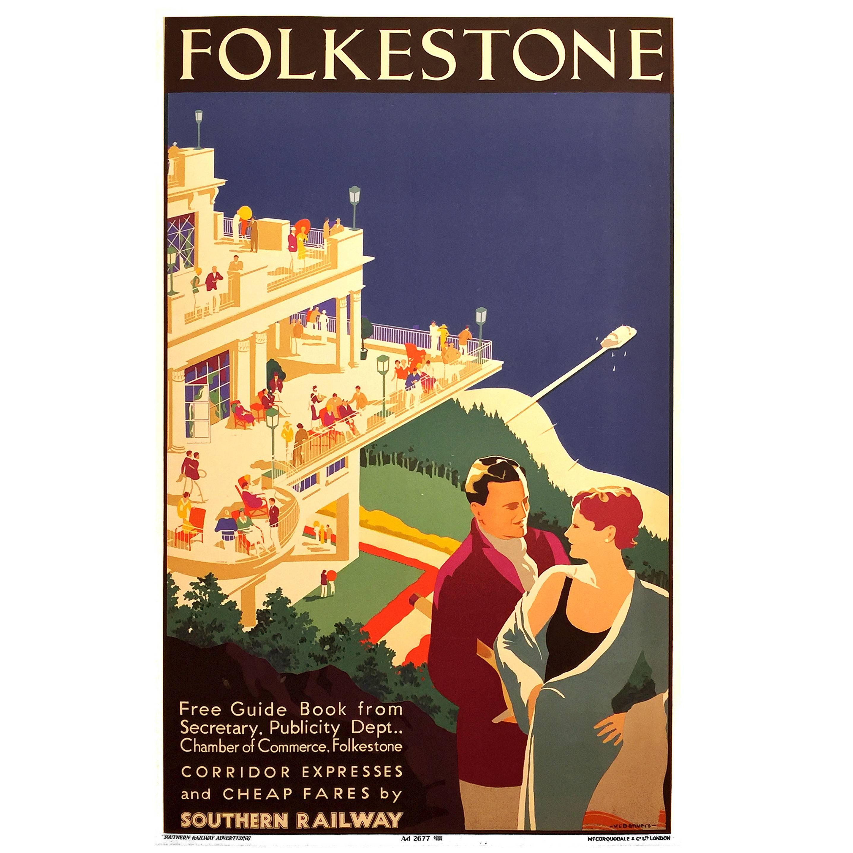 English Art Deco Period Travel Poster for Folkestone by Danvers, 1934 For Sale