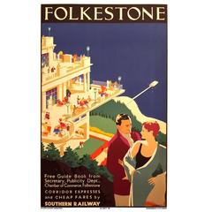 Vintage English Art Deco Period Travel Poster for Folkestone by Danvers, 1934