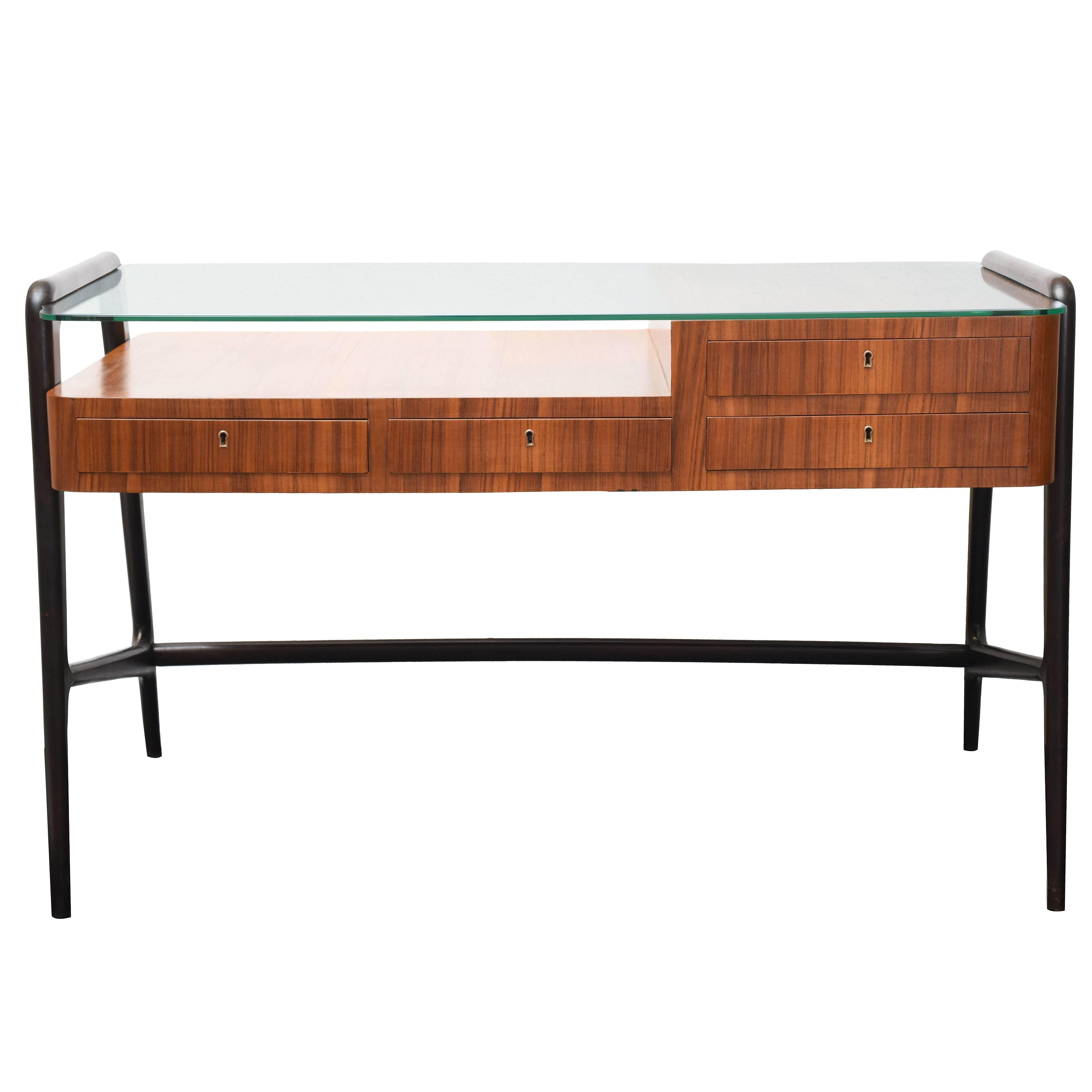 Vito Latis Midcentury Ebonized and Striped Wood and Glass Italian Desk, 1950s For Sale