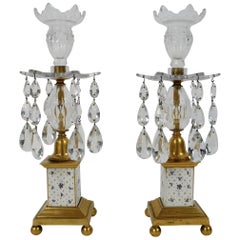 Antique Pair of George III Gilt Bronze, Porcelain and Crystal Candlesticks