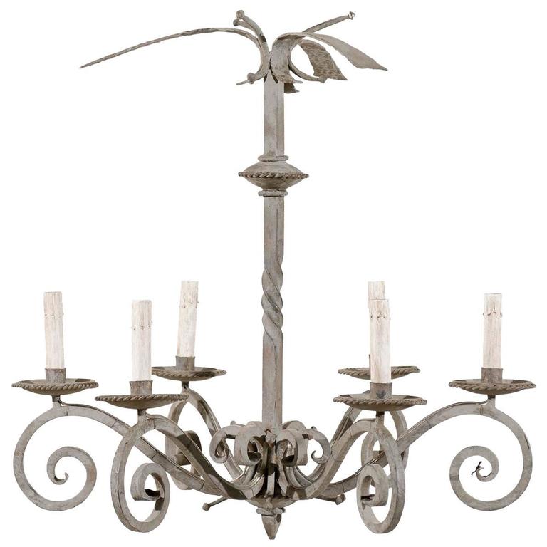 French Vintage Six-Light Light Grey Painted Iron Chandelier with Scrolled Arms