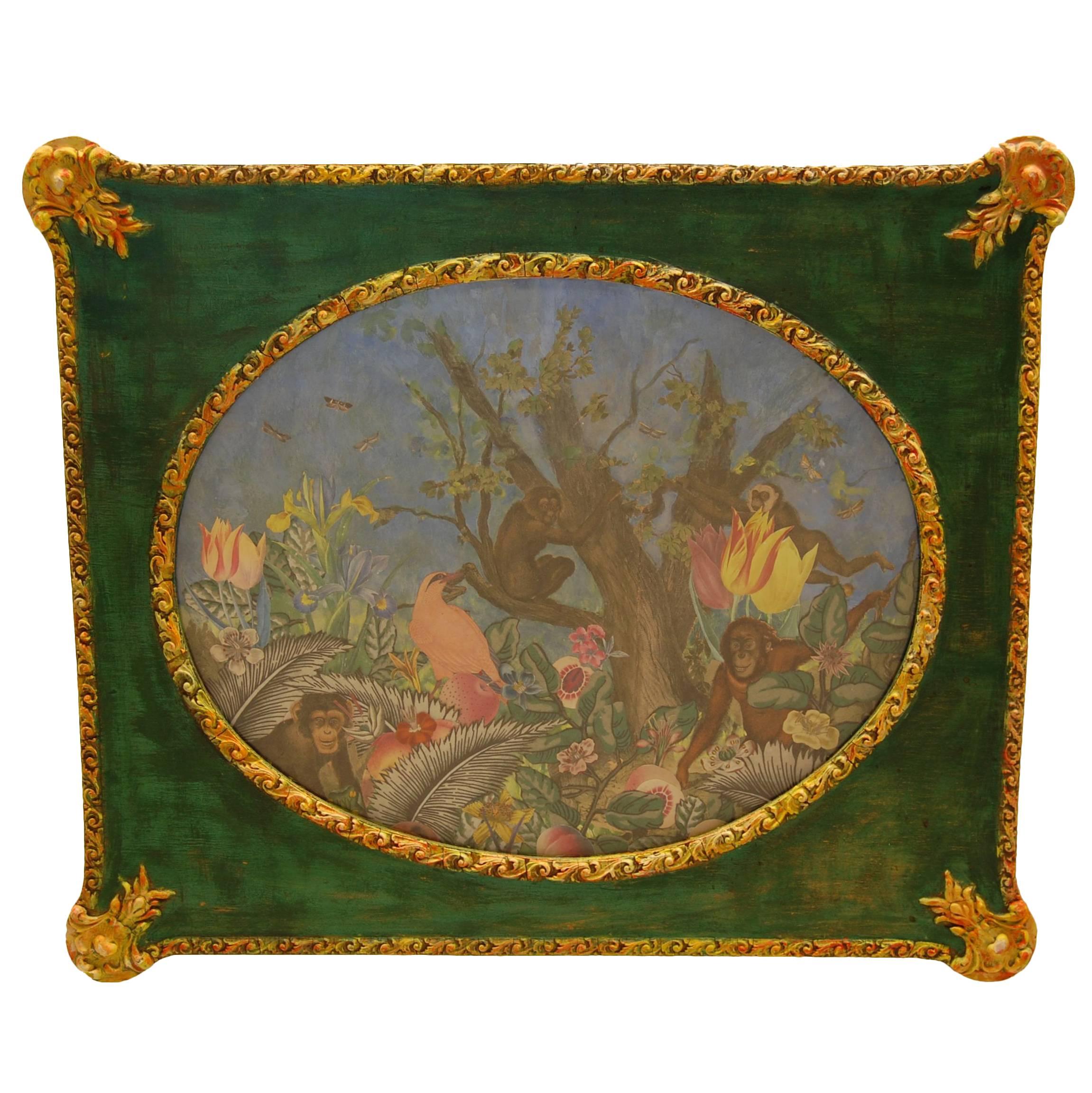 19th & 20th Century Fabric and Paper Decoupage Fantasy Jungle Scene For Sale