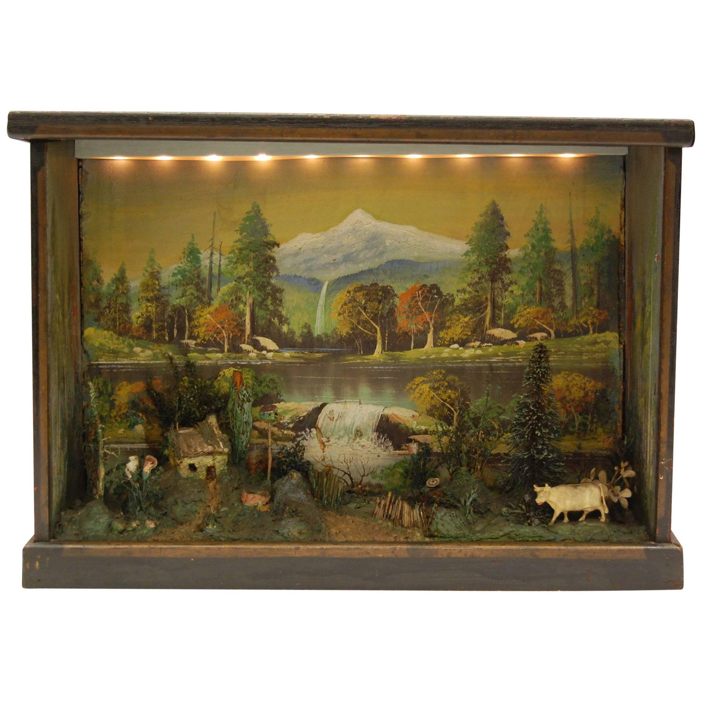 Antique Diorama of American Farm Scene with Cow, Farmhouse and Trees