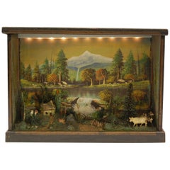 Antique Diorama of American Farm Scene with Cow, Farmhouse and Trees