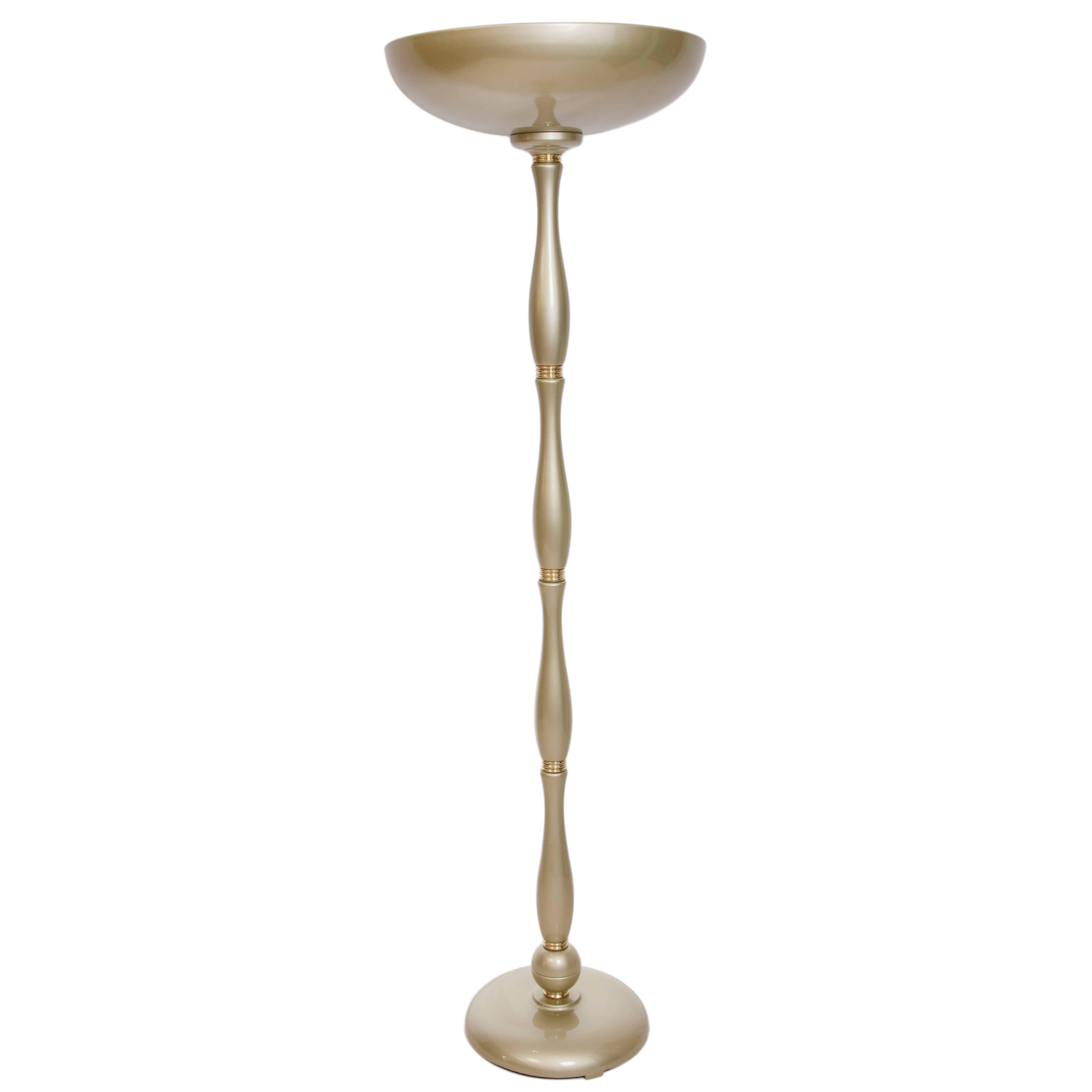 A Midcentury Torchiere Floor Lamp in Soft Gold with Brass Detail