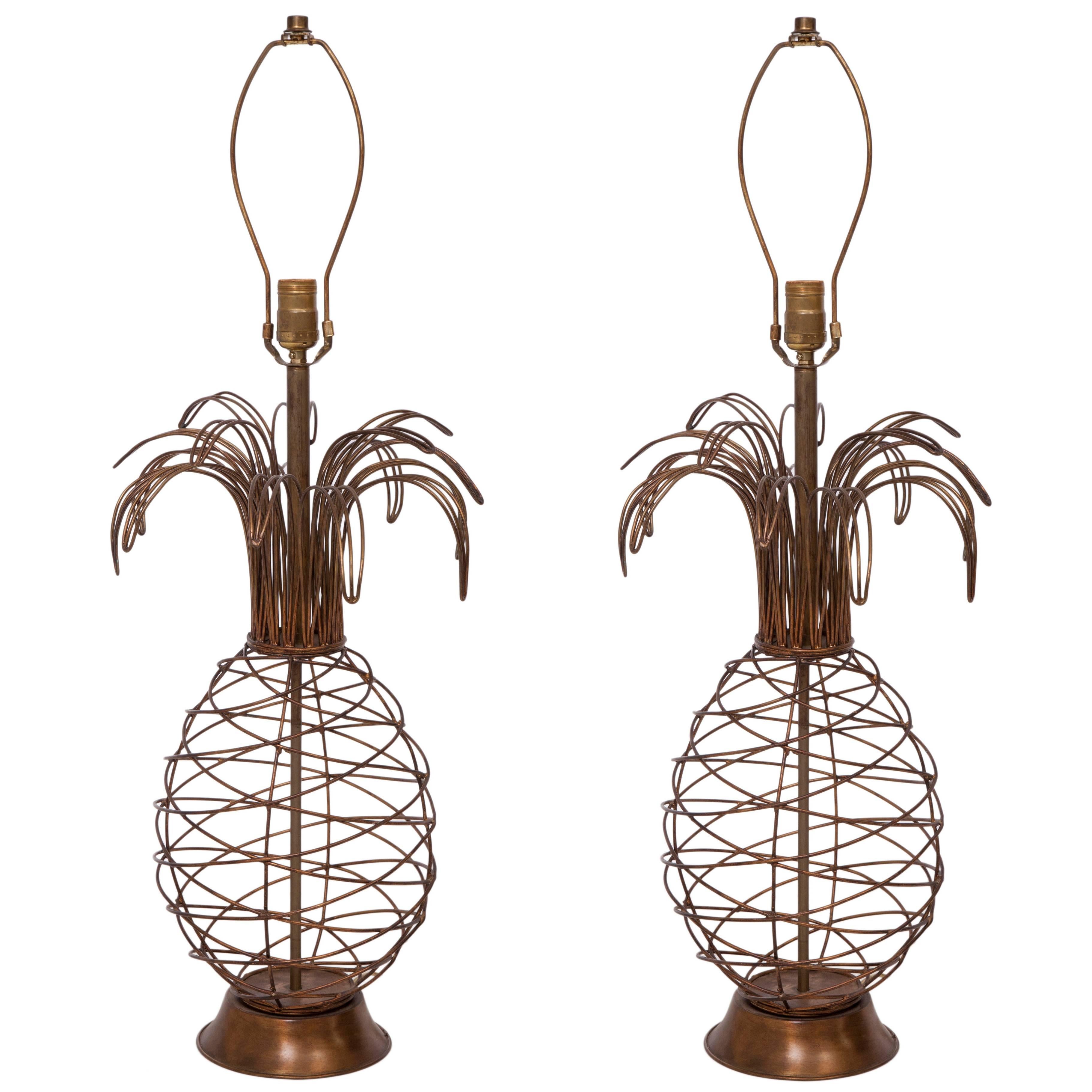 A Pair of Midcentury Metal Wire Pineapple Form Table Lamps