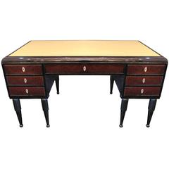 Antique Art Deco Executive Desk in stained Elm Burl with Leather Top