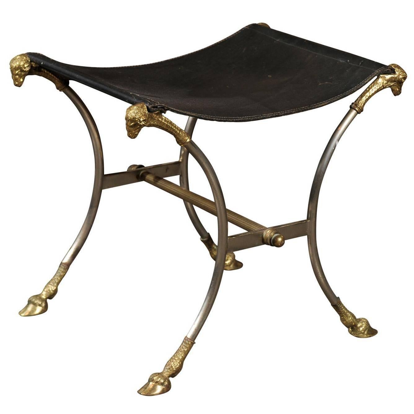 Italian Directoire Style Steel and Brass Stool with Ram’s Heads and Hoof Feet