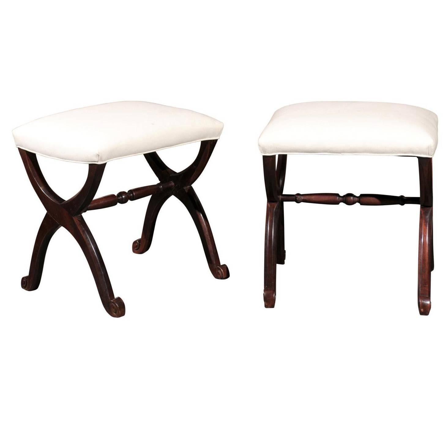 Pair of 1880s French Dark Mahogany X-Form Stools with New Muslin Upholstery