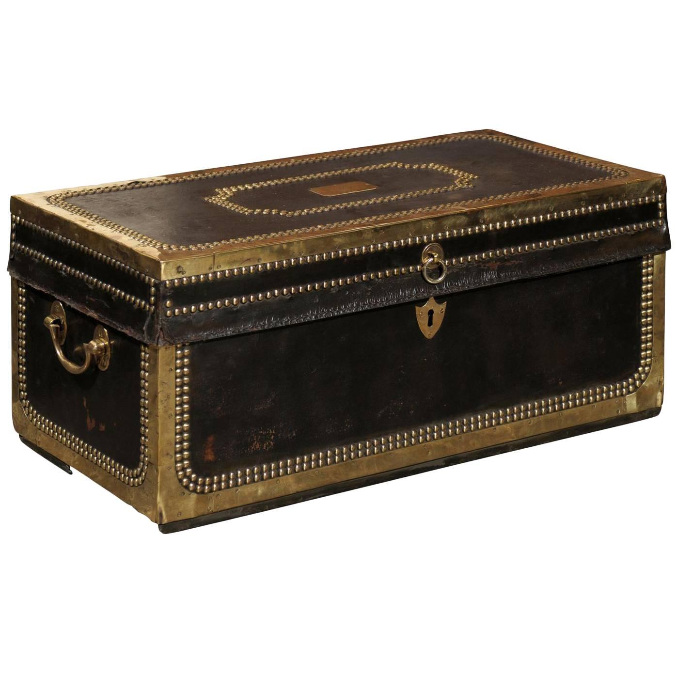 English Mid-19th Century Camphor Wood Trunk, Leather and Brass Bound