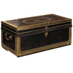 English Mid-19th Century Camphor Wood Trunk, Leather and Brass Bound