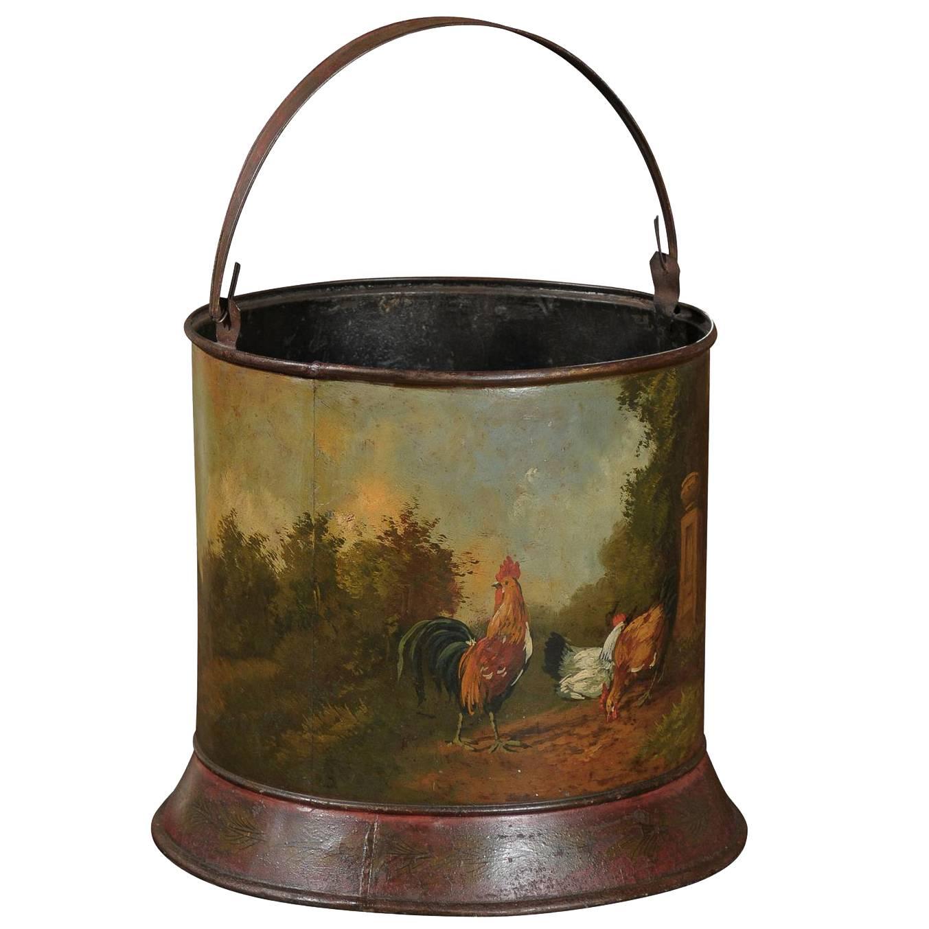 French Painted Tole Bucket with Bucolic Chicken Barnyard Scene, circa 1880